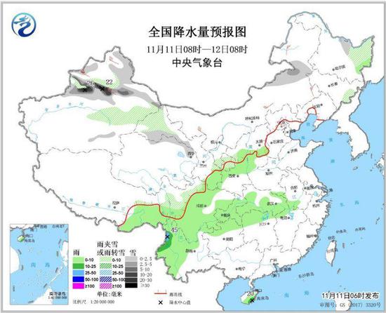 图1 全国降水量预报图（11月11日08时-12日08时）