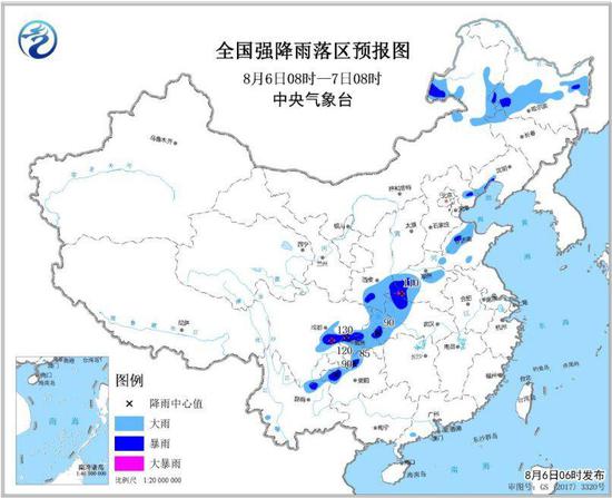 图1 全国强降雨落区预报图（8月6日8时-7日8时）