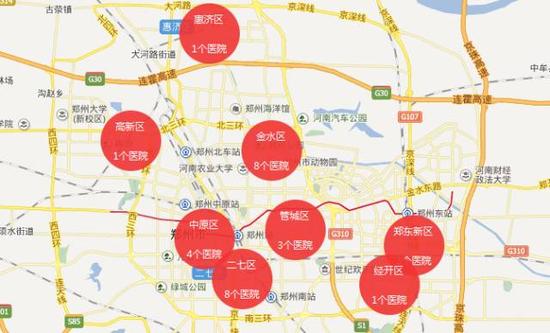 ▲可以看出医院大都集中在金水区和二七区