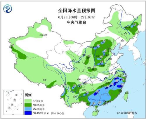 全国降水量预报图(6月21日08时-22日08时)