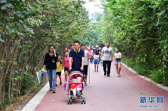 8月27日，市民在河南鹤壁淇河国家湿地公园游览。