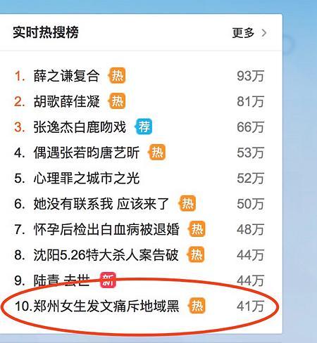 #郑州女生发文痛斥地域黑#上了微博话题热搜榜