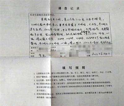 病史调查记录显示，女婴的死亡原因为窒息。