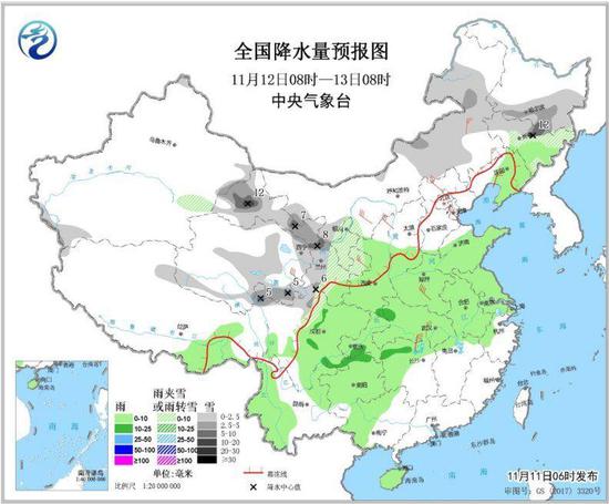 图2 全国降水量预报图（11月12日08时-13日08时）