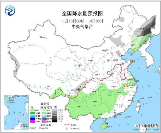 图3 全国降水量预报图（11月13日08时-14日08时）