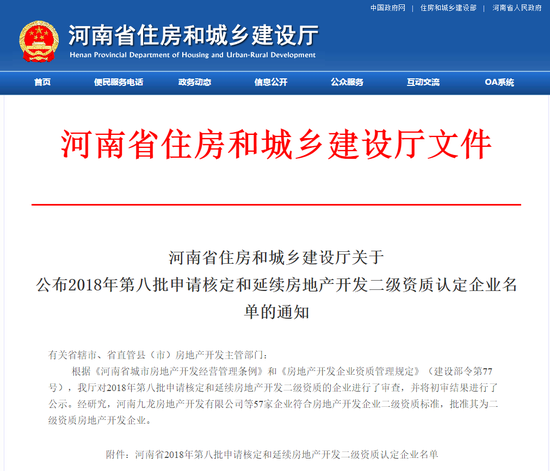 57家!河南公布最新房地产开发二级资质认定企业 名单
