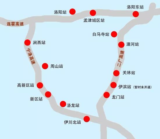 （图中红色站点为洛阳市政府购买服务的入口收费站）