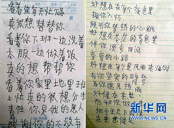 这是贾洪涛写给韩红晓的日记和情诗（拼版资料照片）。 新华社发