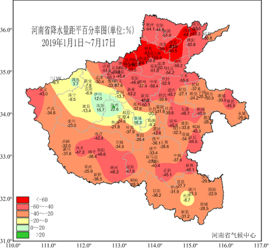 2019年以来全省降水量距平百分率图