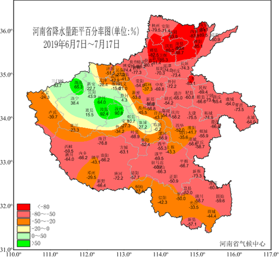 2019年6月7日以来全省降水量距平百分率图