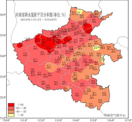 图2 2019年1月1日-5月28日降水距平百分率分布图