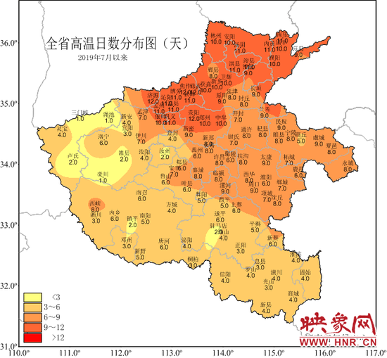 2019年7月1-24日全省高温日数分布图（℃）