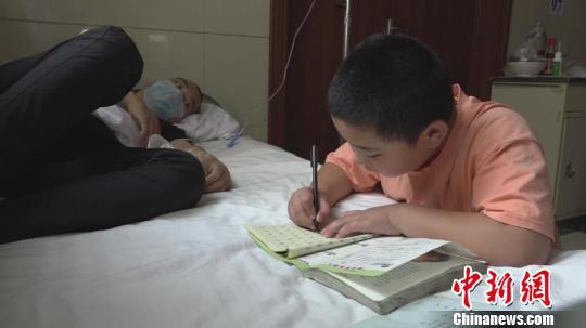 照顧爸爸之余，路子寬趴在病床上學(xué)習(xí)功課。　李超慶 攝