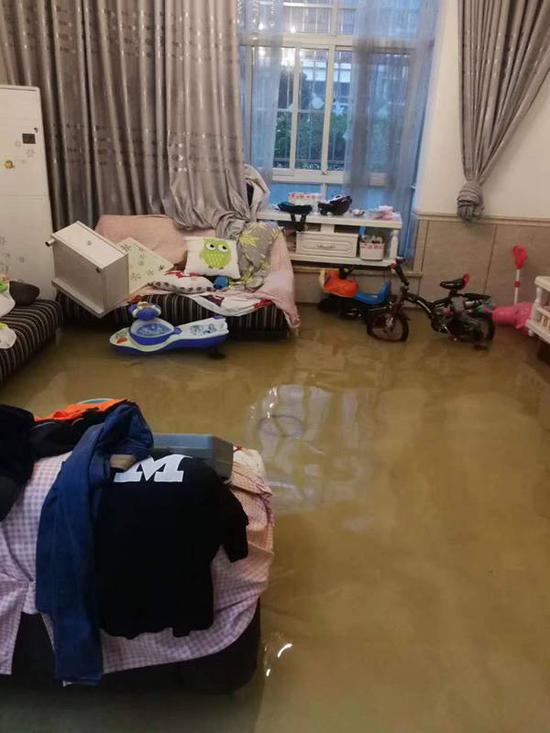 暴雨来袭 周口一居民家中成泳池 业主用抽水机排水