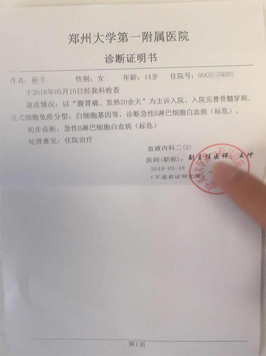 医院给崔桥妹妹开具的诊断证明书,诊断为急性B淋巴细胞白血病(标危)。