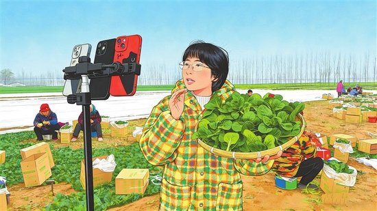 扶沟县大李庄乡菠菜地里，“90后”姑娘齐聪丛在直播助农。 张昆鹏 摄 （效果由AI生成）