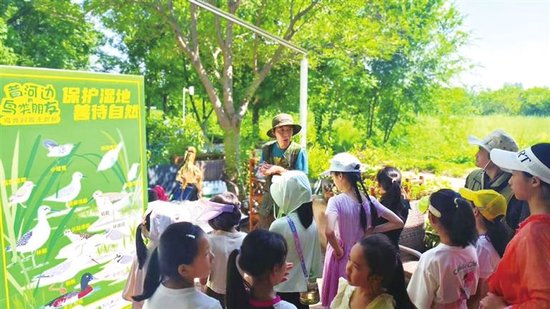 郑州黄河滩地公园内开展研学活动，学生们认识了解黄河边生物多样性。