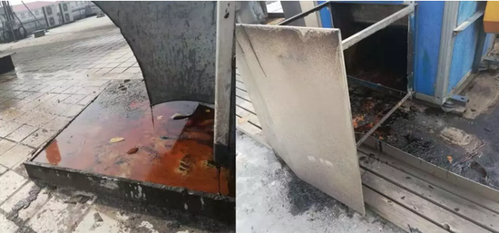 ▲油煙凈化設(shè)施清理不及時，油污四溢