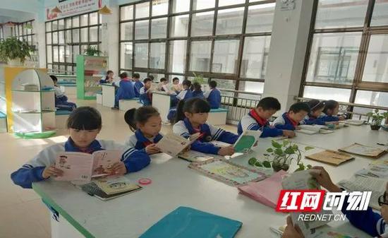 学生在校园开放式书吧快乐学习,健康成长。