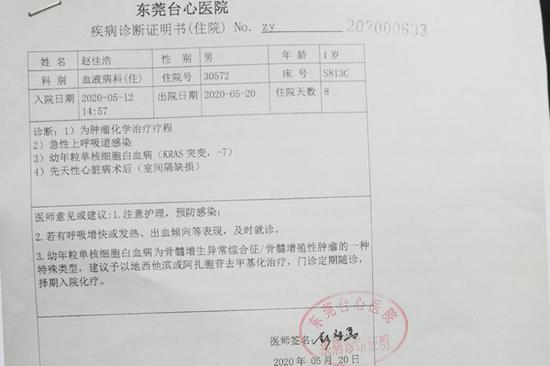图为小佳浩近期的诊断证明书