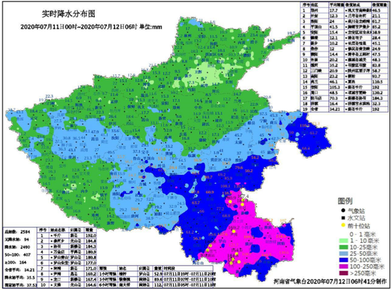 2020 年 7 月 11 日 00 时至 12 日 06 时河南省降水量实况