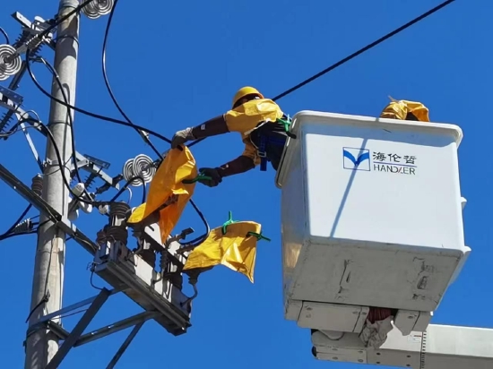 国网河南电力工作人员开展带电作业，保障经济民生可靠用电。韩彦 摄