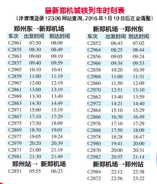 最新郑机城铁列车时刻表