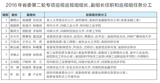 2016 年省委第二轮专项巡视巡视组组长、副组长任职和巡视组任务分工