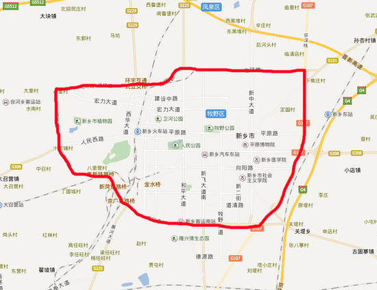 ▲新乡市限行范围示意图(以上四条道路不包含在限行范围内)