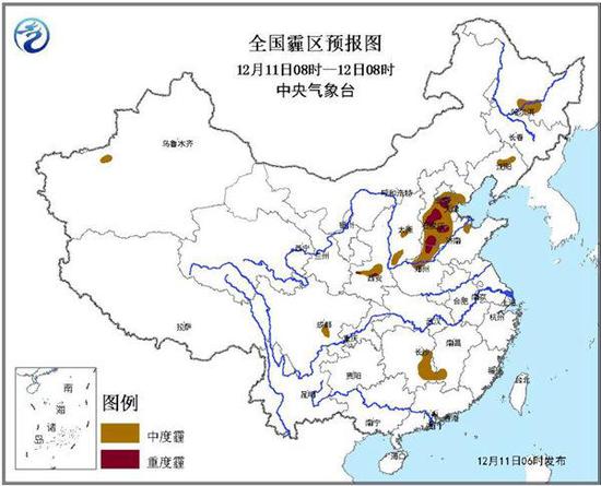 中央气象台12月11日06时发布霾黄色预警:
