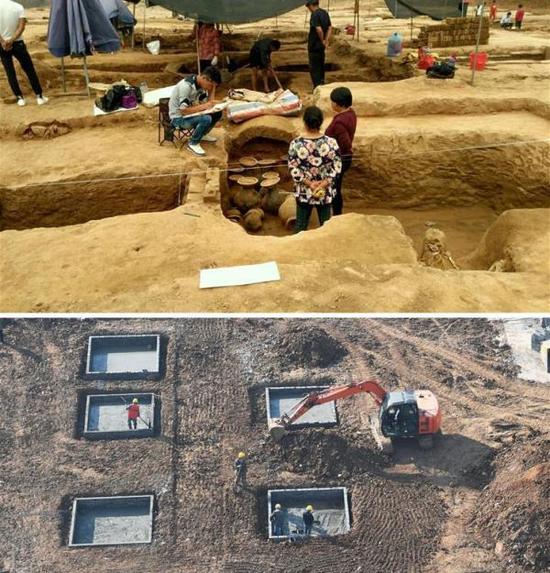 上图为受访者提供的河南汝州望嵩文化广场汉墓群文物发掘现场照片（资料照片）；下图为12月8日拍摄的河南汝州望嵩文化广场工地施工场面。新华社 图
