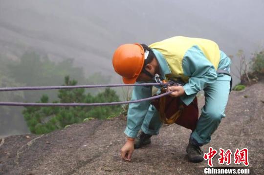 放绳工在悬崖上拾捡垃圾 汪钰 摄