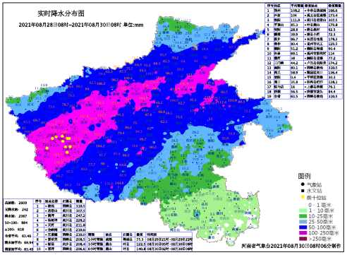 2021年8月28日08时-30日08时河南省降水量实况