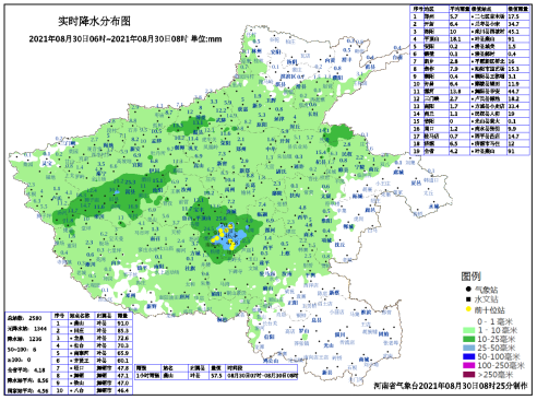 2021年8月30日06-08时河南省降水量实况