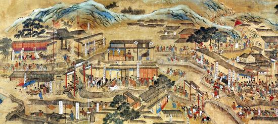 《南都繁会景物图卷》局部,图卷末署有明人仇英制,描绘南京市井三月的生活场景。