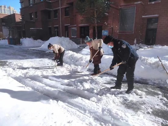 哈尔滨各小区持续清雪除冰保居民安全出行