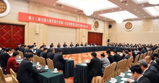11日上午，出席十三届全国人大一次会议的黑龙江代表团举行第五次全体会议。徐旭 摄
