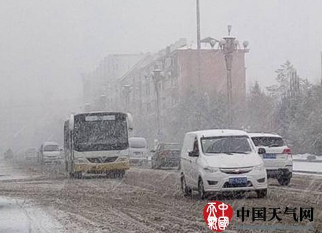 降雪天气下，加格达奇市区的车辆缓慢前行。(图 刘研)