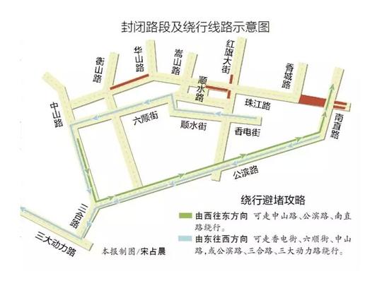 封闭路段及绕行线路示意图