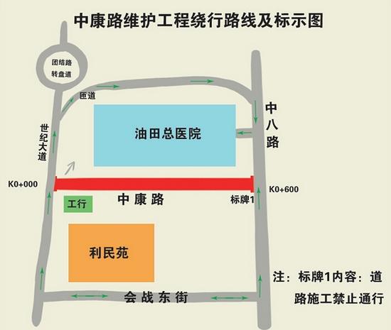 中康路维护工程绕行路线及标示图