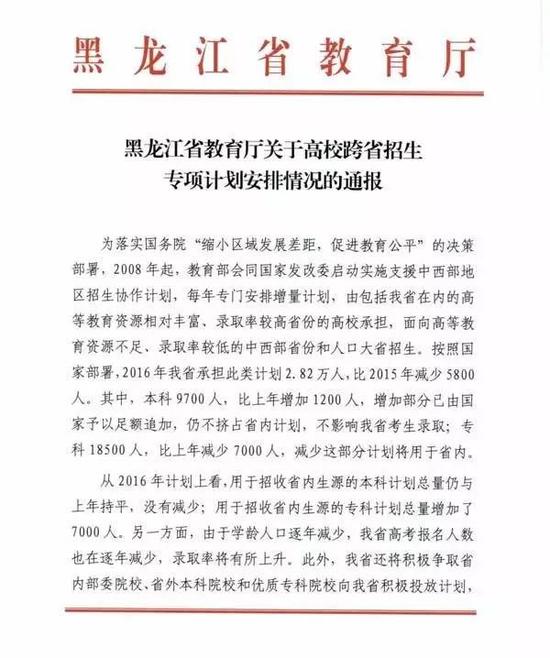 黑龙江省通报高校跨省招生专项计划安排情况