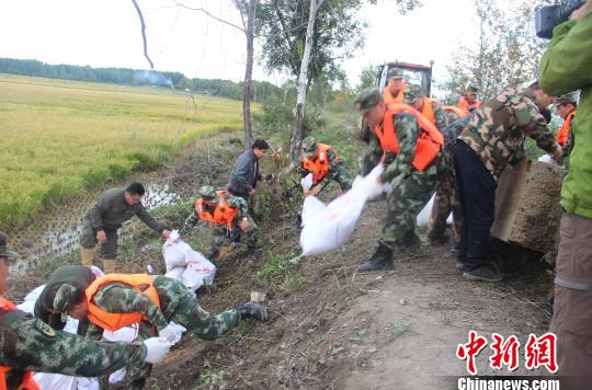 黑龙江虎林江水倒灌农田被淹 官兵正在抢险救援