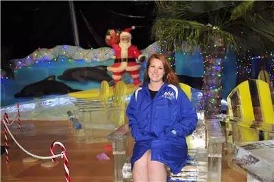 11月11日，一名女士在美国加尔维斯顿举行的冰雕展上拍照留念。