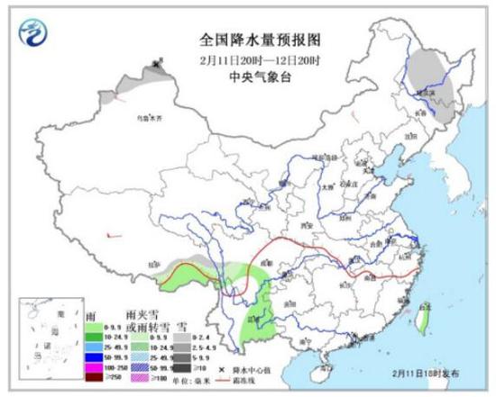 全国降水量预报图(11日20时-12日20时)。图片来源：中央气象台网站