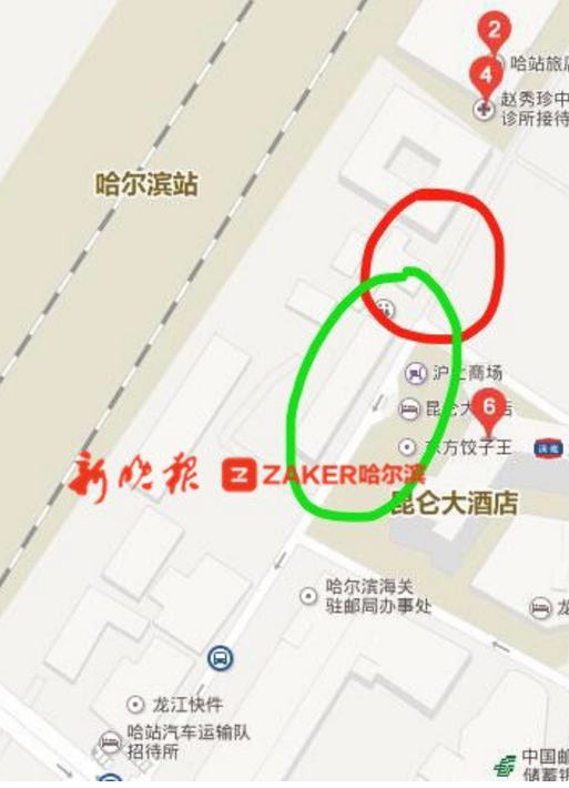 红圈是进站口位置，绿圈是售票区域