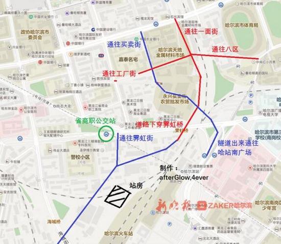 站房北侧,红色的是正在修建的道路,蓝色的是已经修好的道路