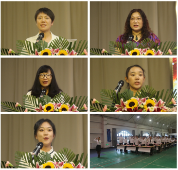 获奖教师代表徐飞,明君,王艾莎及新入职教师代表彭丽娜与学生代表耿