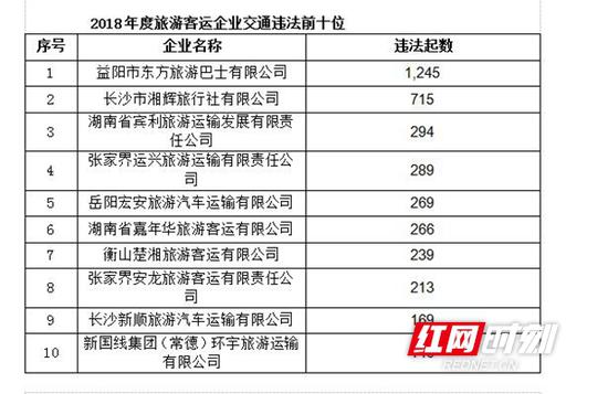 2018年度湖南交通违法排名前10位旅游客运企业。