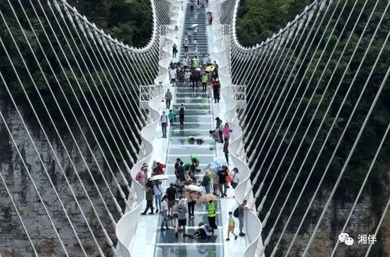 7月6日,张家界大峡谷景区,游客在体验玻璃桥。