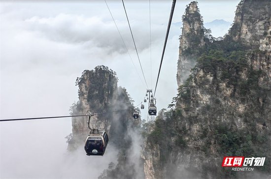张家界国家森林公园天子山索道区域云雾缭绕